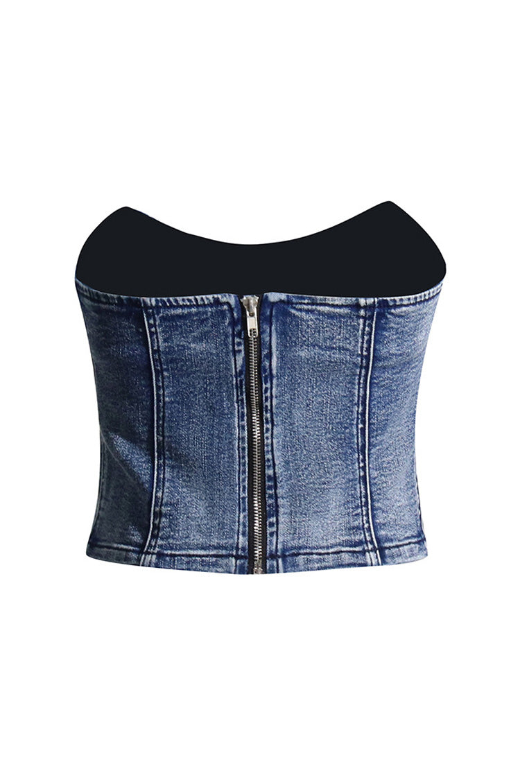 Vintage Style Sweetheart Neck Bustier Slim Fit Cropped Denim Tube Top - Fashionpara