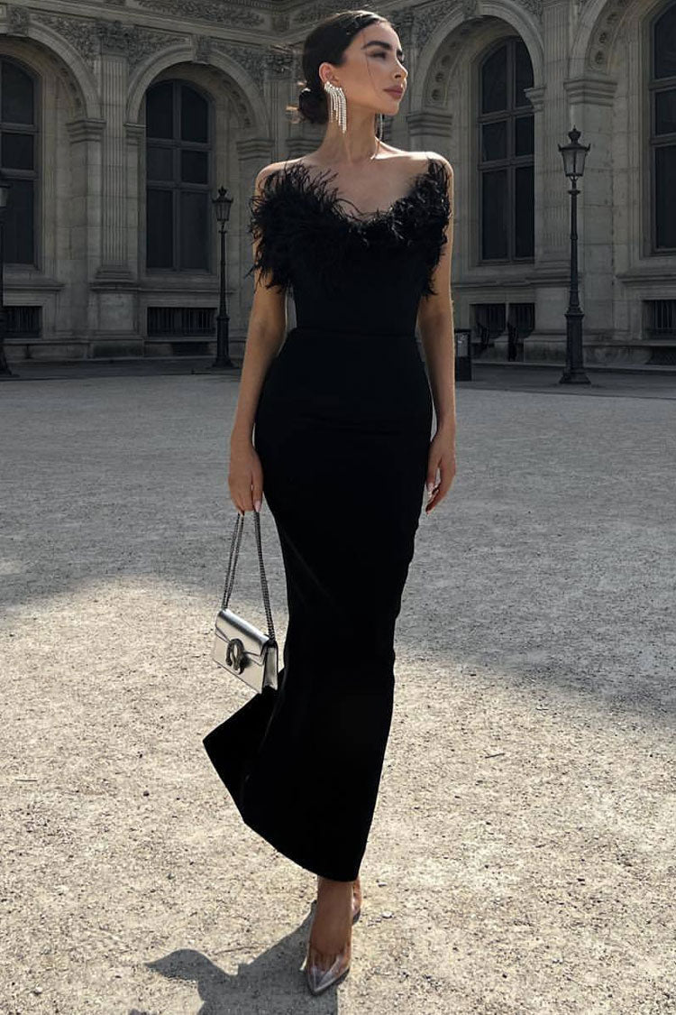 Feather Trim Strapless Sweetheart Column Maxi Dress