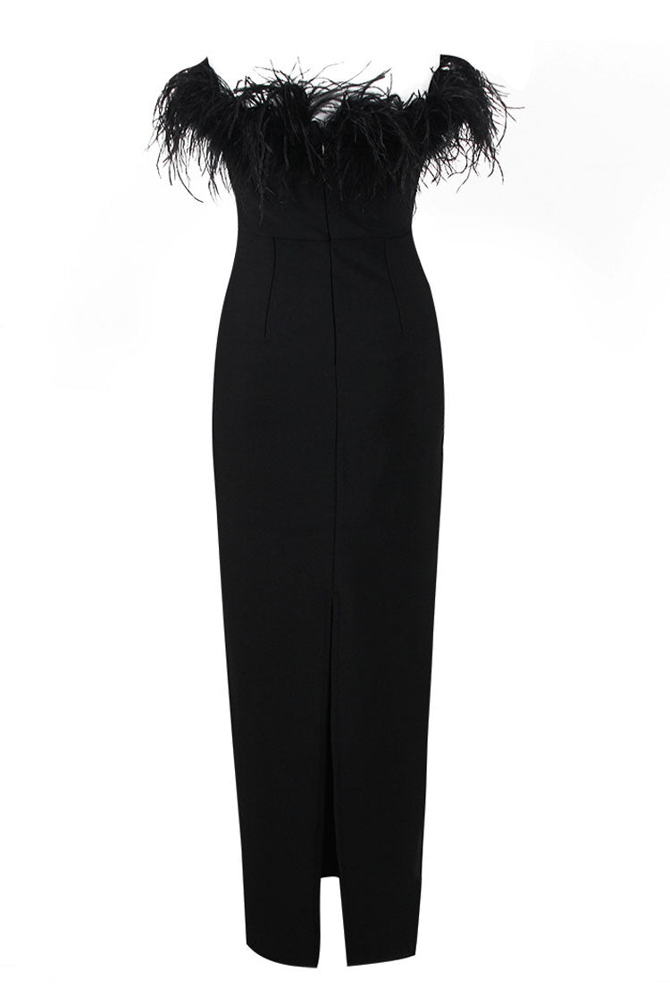 Feather Trim Strapless Sweetheart Column Maxi Dress 4