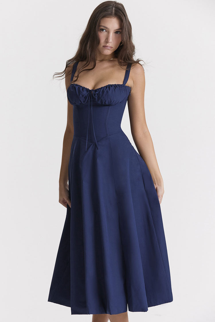 Vintage Tie Front Lace Up Back Fit & Flare Split Midi Sundress - Navy blue Fashionpara