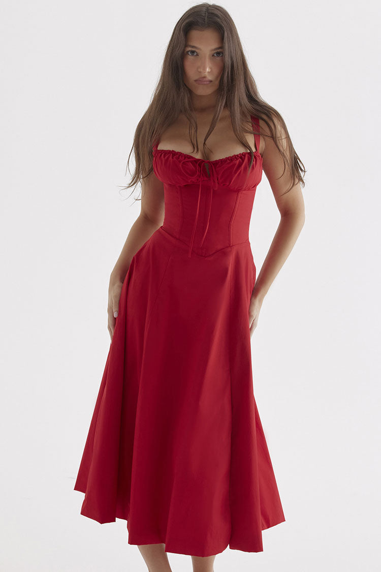 Vintage Tie Front Lace Up Back Fit & Flare Split Midi Sundress - Red Fashionpara