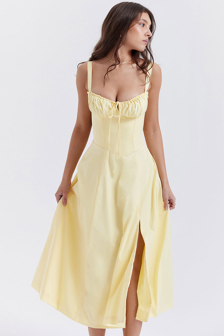 Vintage Tie Front Lace Up Back Fit & Flare Split Midi Sundress - Yellow  Fashionpara