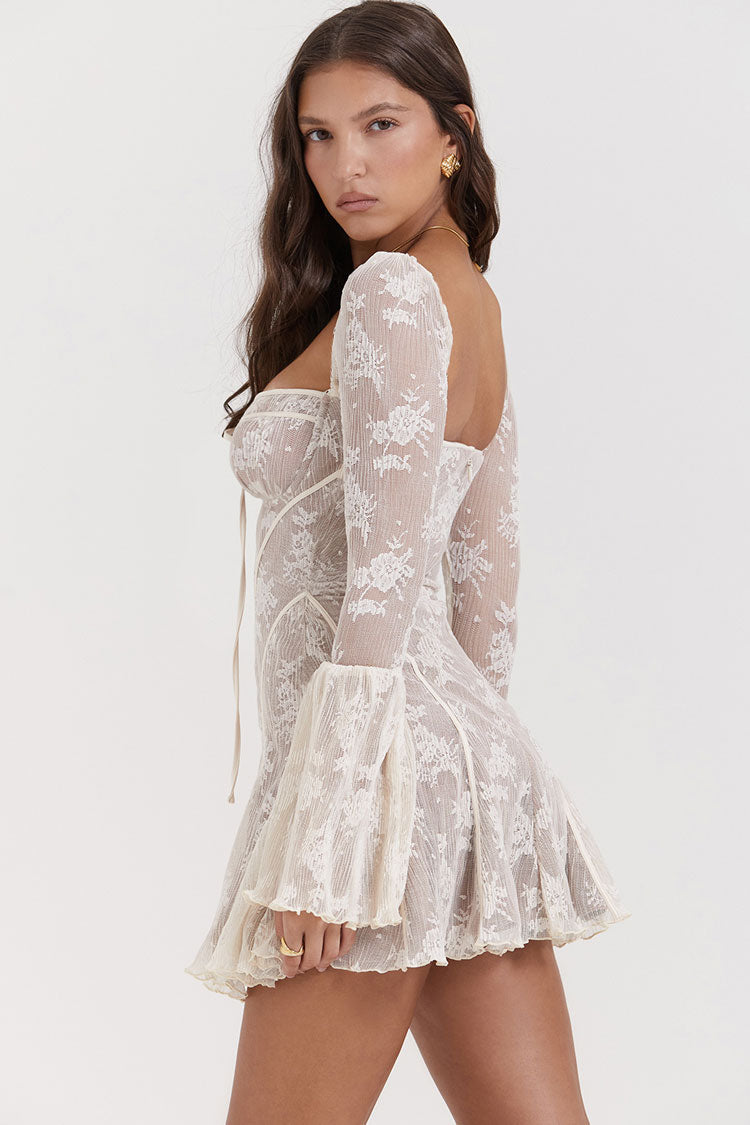 Vintage Tie Neck Bell Sleeve Pleated Floral Lace Fishtail Mini Dress - Beige Fashionpara