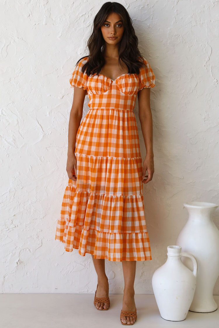 Vintage V Neck Puff Sleeve Backless Plaid Midi Dress - Orange  Fashionpara