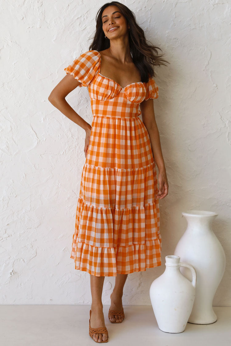 Vintage V Neck Puff Sleeve Backless Plaid Midi Dress - Orange  Fashionpara