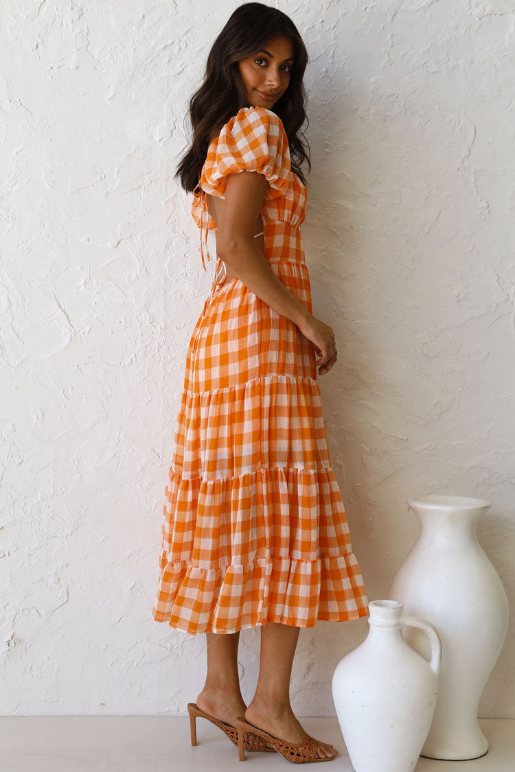 Vintage V Neck Puff Sleeve Backless Plaid Midi Dress - Orange  Fashionpara