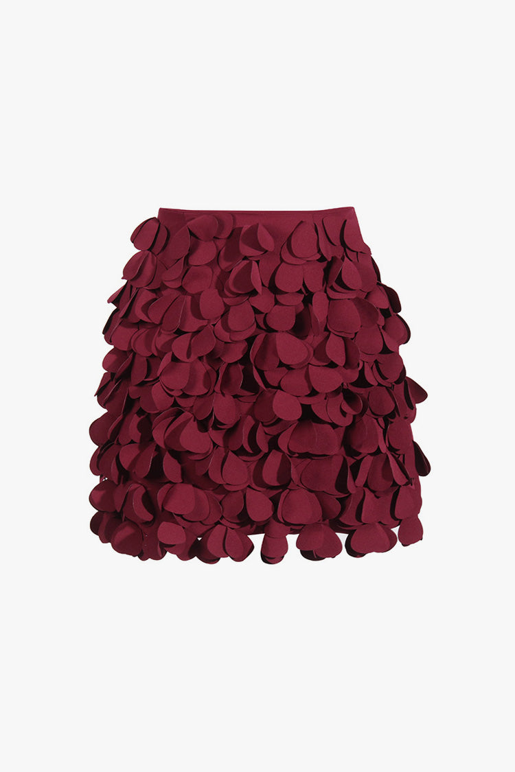 Vintage Wine High Waist Layered 3D Petal Embellished Bodycon Mini Skirt - Fashionpara