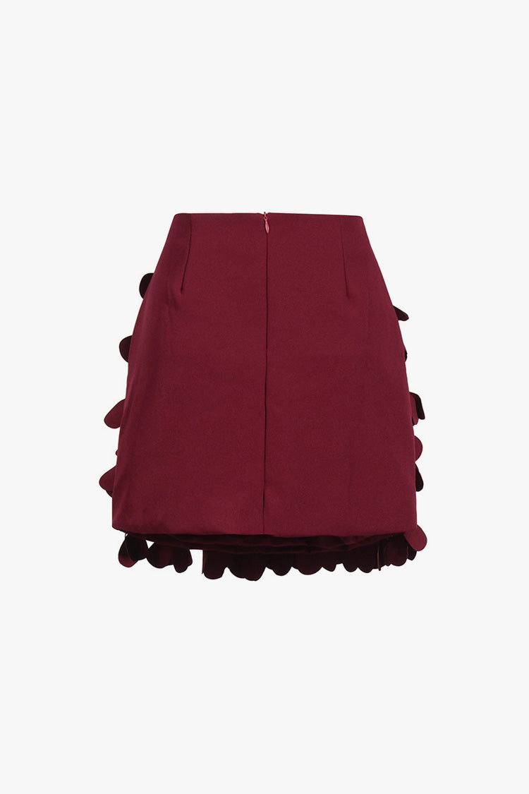 Vintage Wine High Waist Layered 3D Petal Embellished Bodycon Mini Skirt - Fashionpara