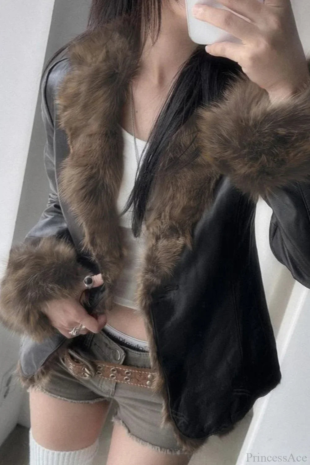 Vintage Y2K Furry Collar Leather Waist - Cinching Jacket