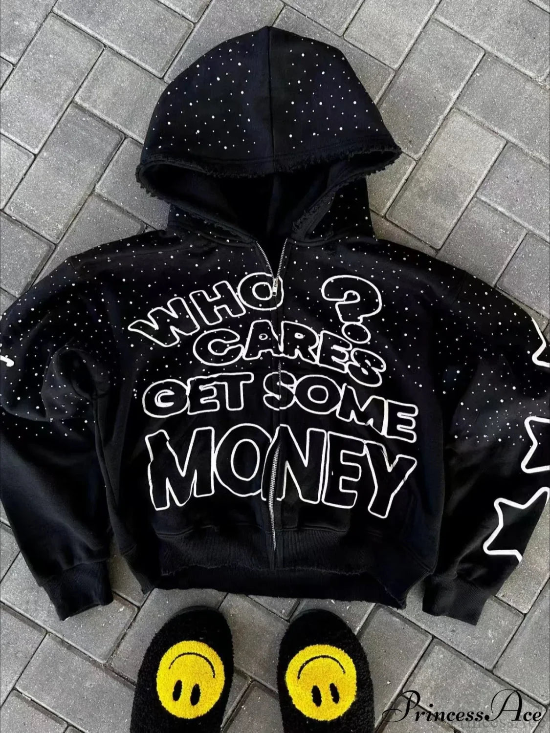 Vintage Y2k Zipper Print Hoodie Black / XS