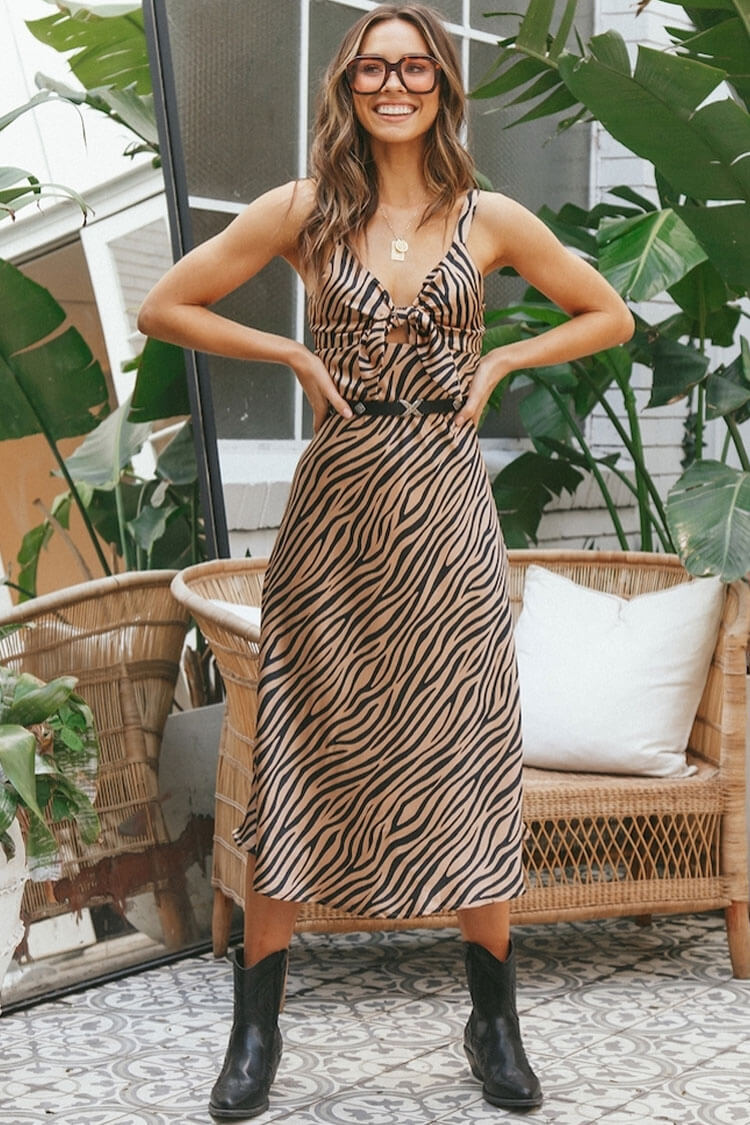 Zebra Print V-Neck Tie-Front Satin Slip Midi Dress