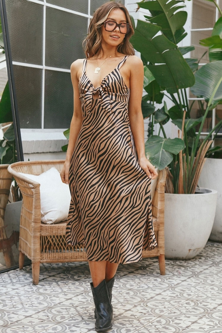 Zebra Print V-Neck Tie-Front Satin Slip Midi Dress 2