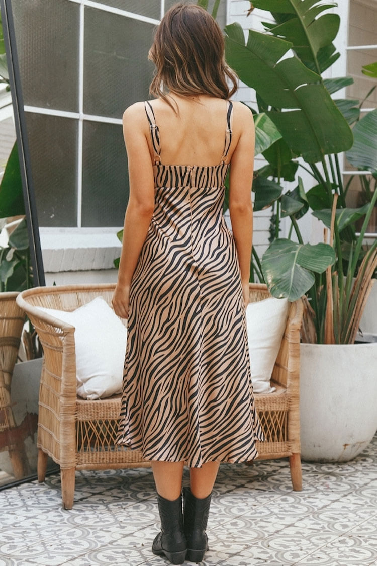 Zebra Print V-Neck Tie-Front Satin Slip Midi Dress 4