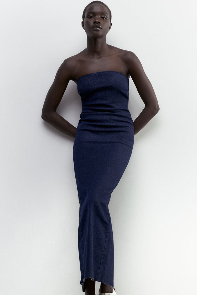 Vintage Zipper Back Split Bodycon Summer Strapless Maxi Dress - Dark Blue  Fashionpara