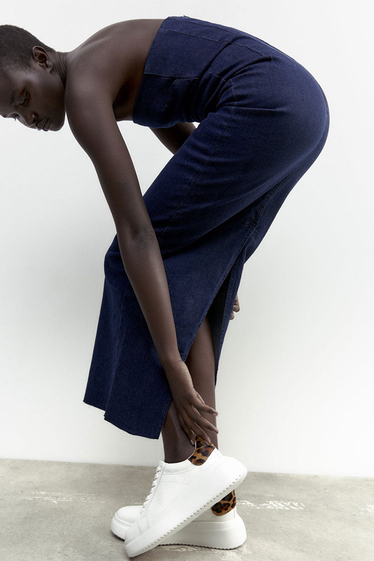 Vintage Zipper Back Split Bodycon Summer Strapless Maxi Dress - Dark Blue  Fashionpara