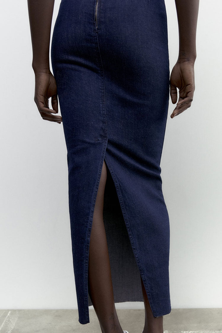 Vintage Zipper Back Split Bodycon Summer Strapless Maxi Dress - Dark Blue  Fashionpara