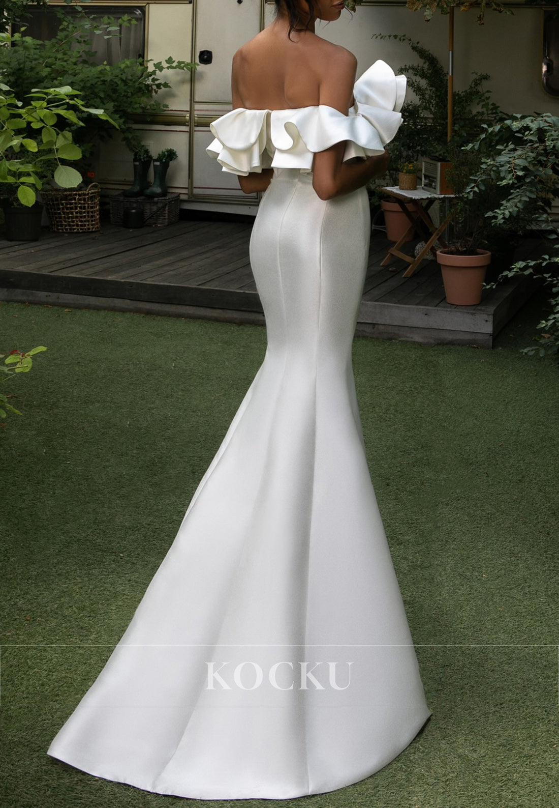 Elegant Off - Shoulder Ruffled Satin Mermaid Wedding Dress