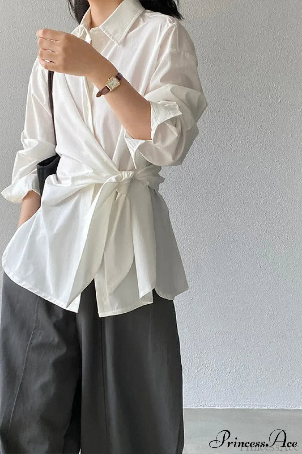 Waist Collared Mid-Length Office Blouse White / S