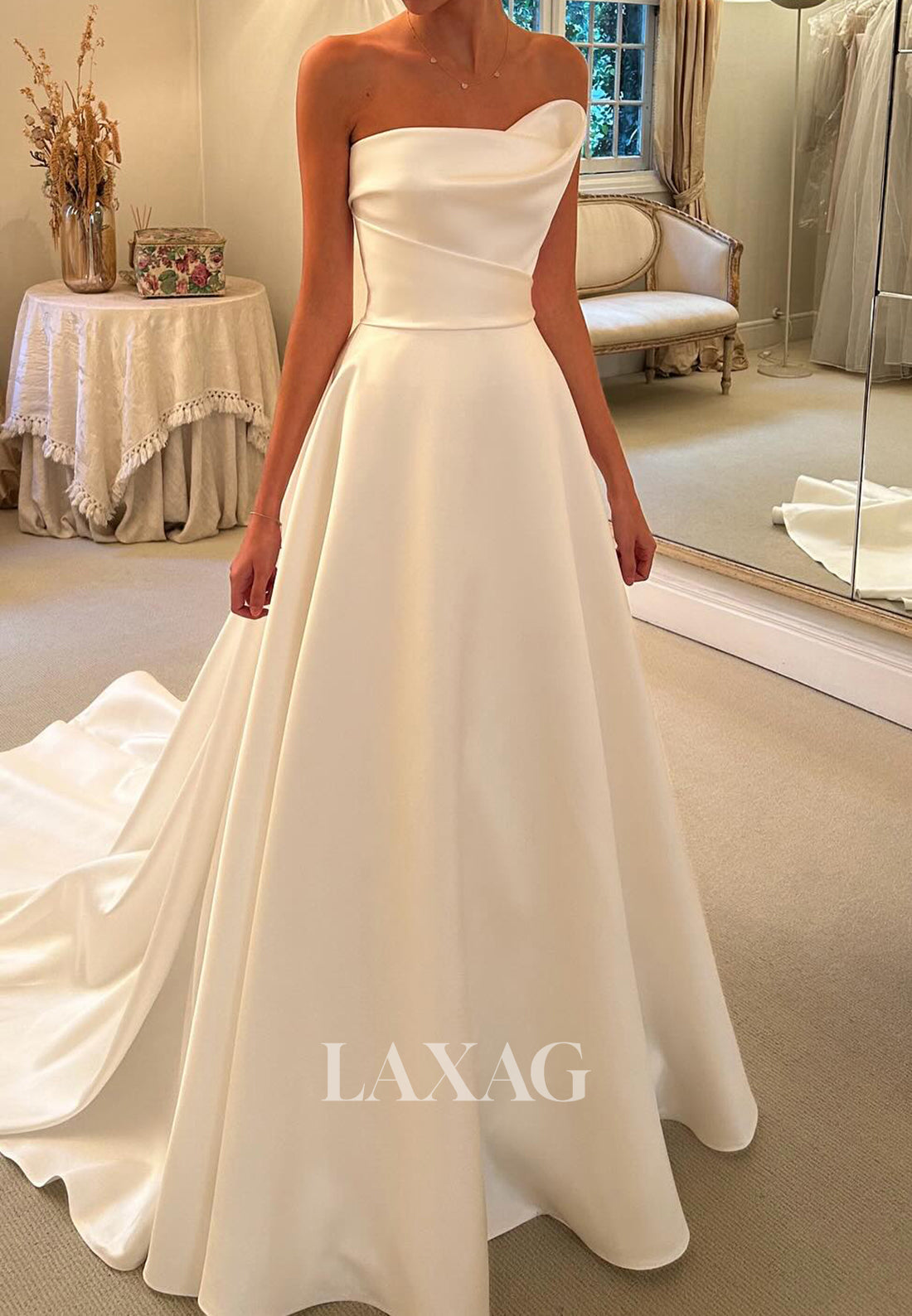 Simple Asymmetrical-Neck Satin Bride Gowns Sleeveless Pleated Satin A-Line Wedding Dress
