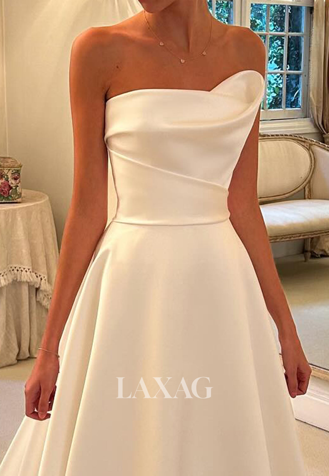 Simple Asymmetrical-Neck Satin Bride Gowns Sleeveless Pleated Satin A-Line Wedding Dress