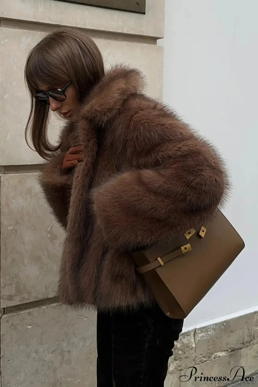 Warm Faux Fur Lapel Coat Brown / S