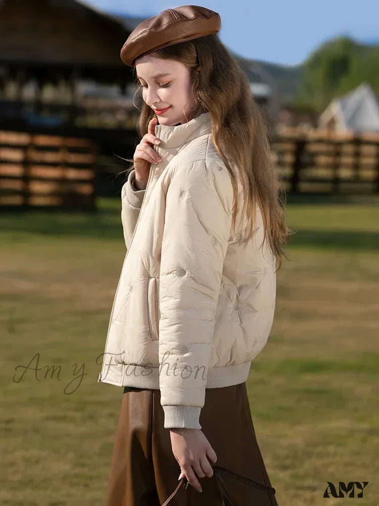 Warm Parkas Stand Collar Zipper Embroidery Down Outerwear Coat 2