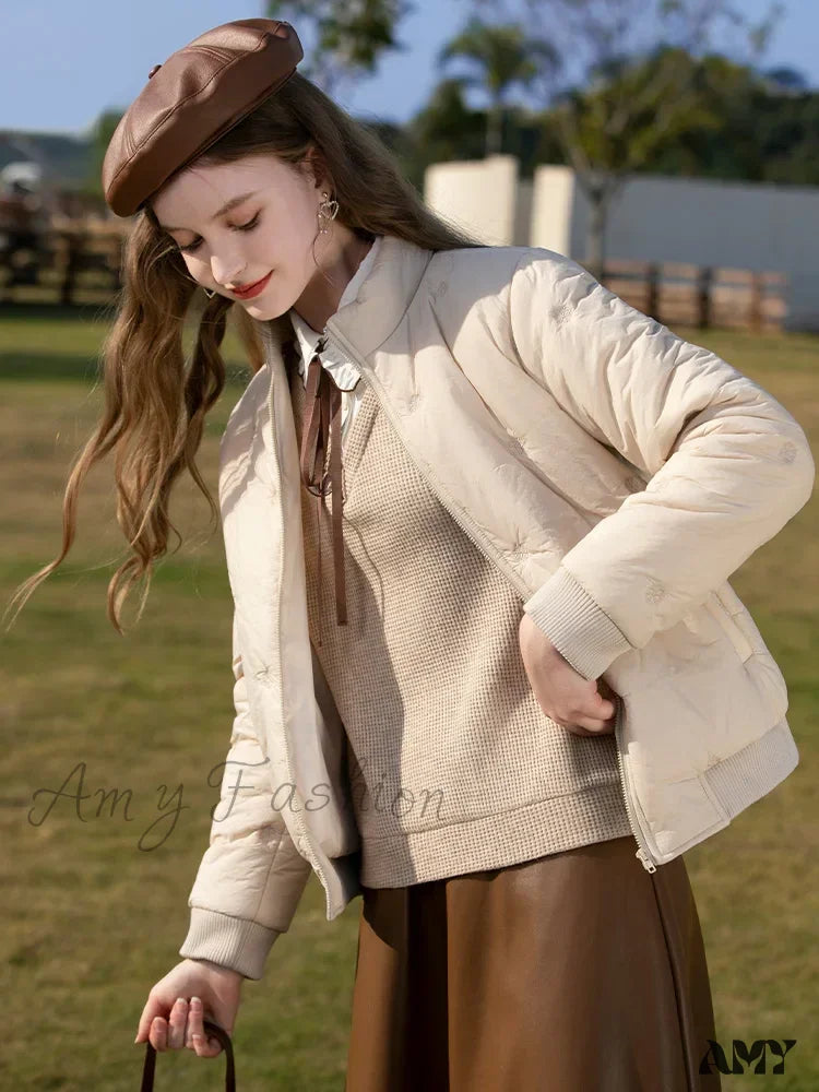 Warm Parkas Stand Collar Zipper Embroidery Down Outerwear Coat 4