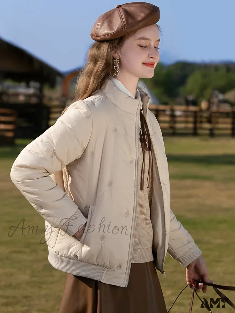 Warm Parkas Stand Collar Zipper Embroidery Down Outerwear Coat 6