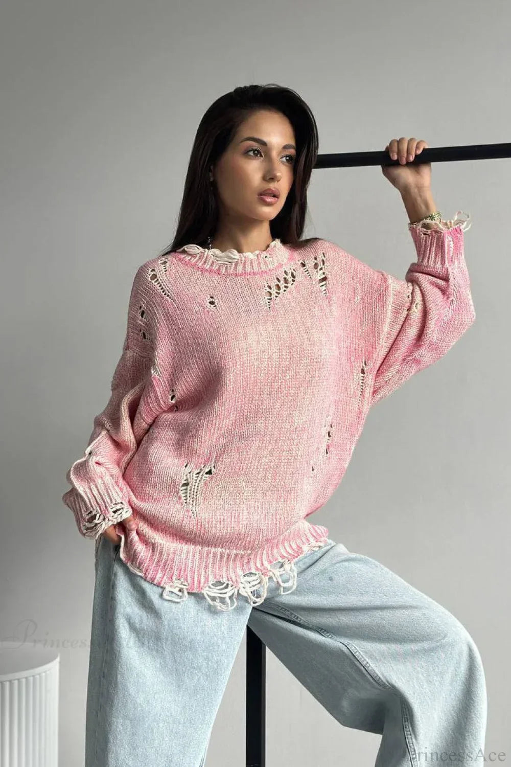 Washed Crew Neck Distressed Mid-Length Sweater