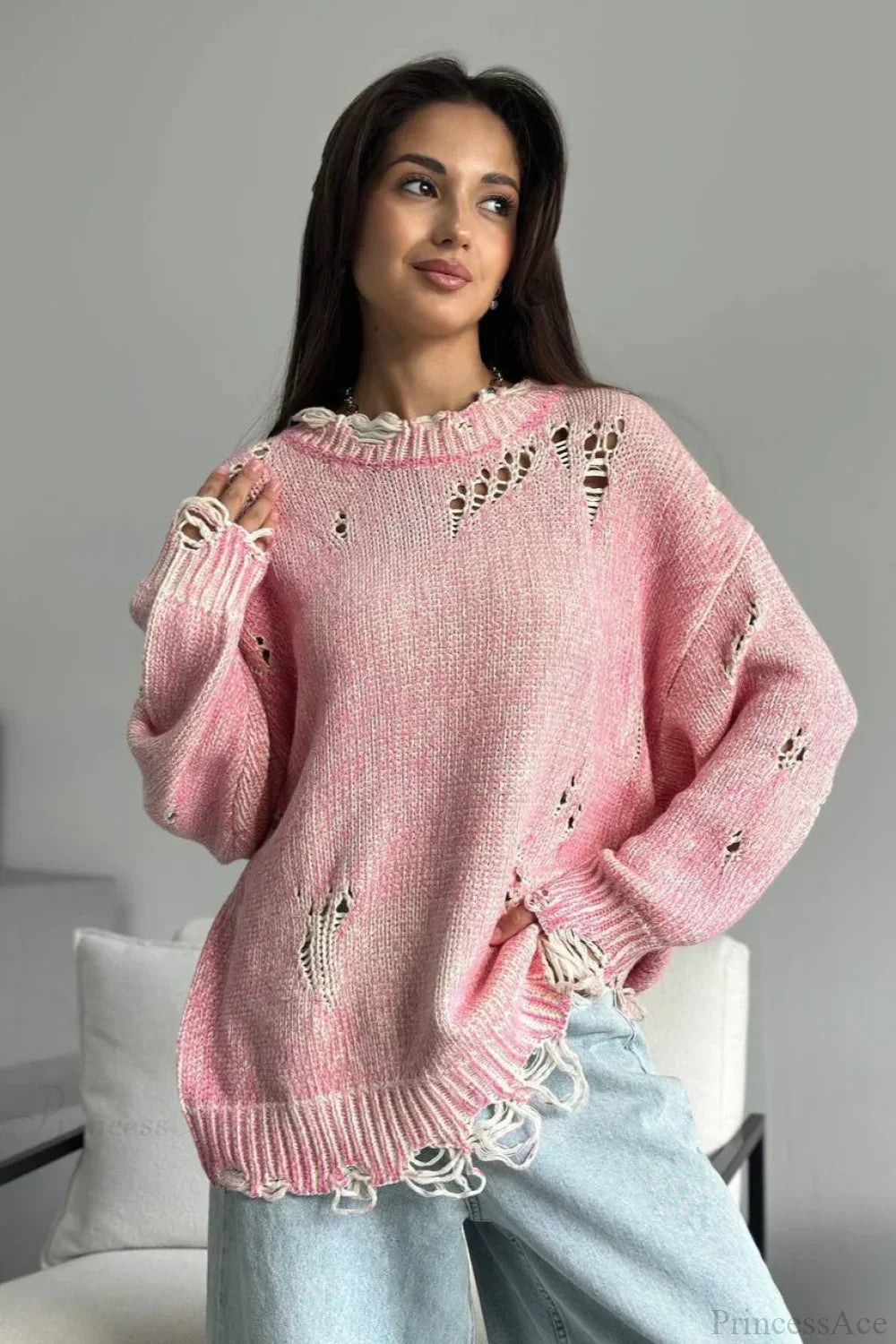 Washed Crew Neck Distressed Mid-Length Sweater 2