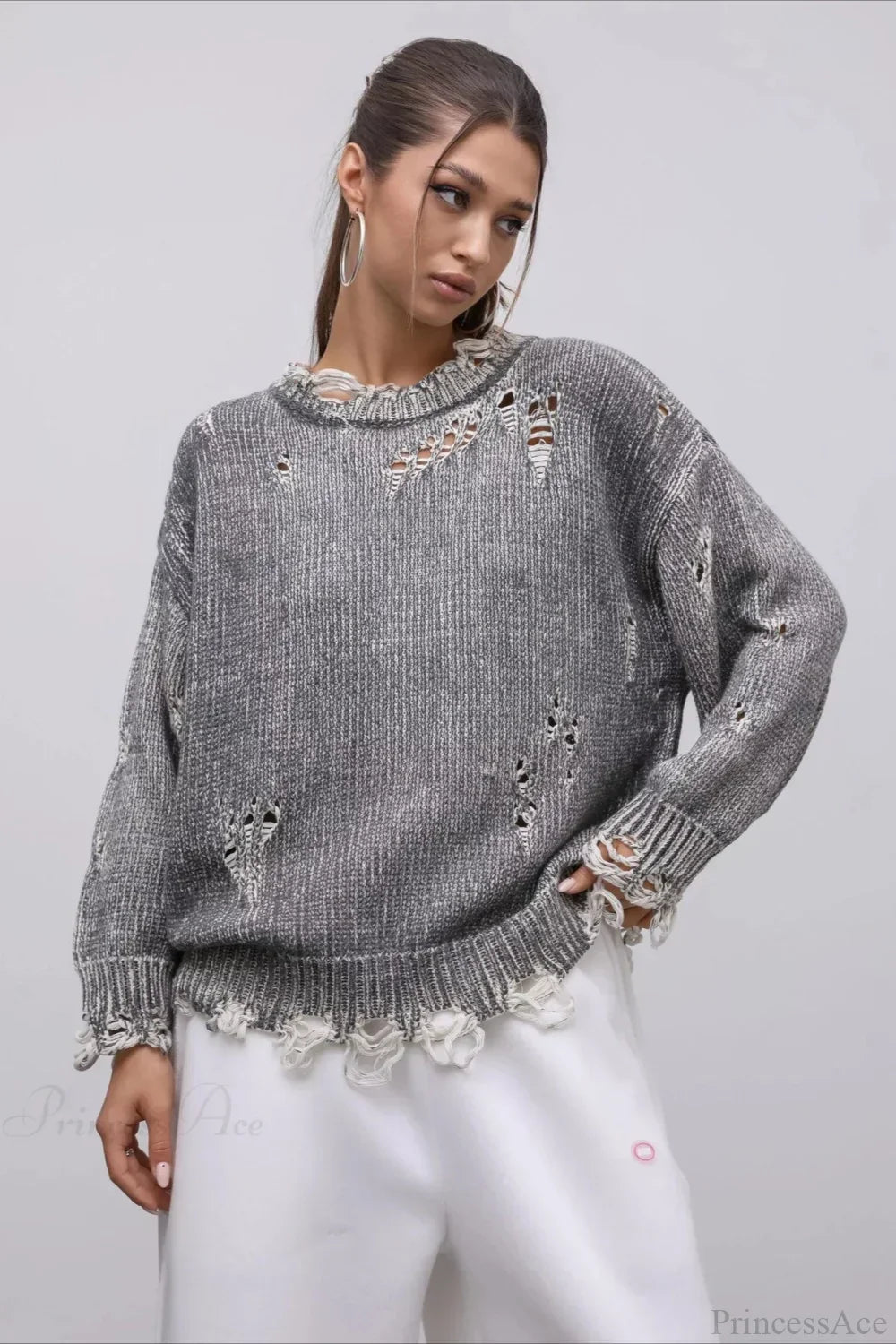Washed Crew Neck Distressed Mid-Length Sweater 8