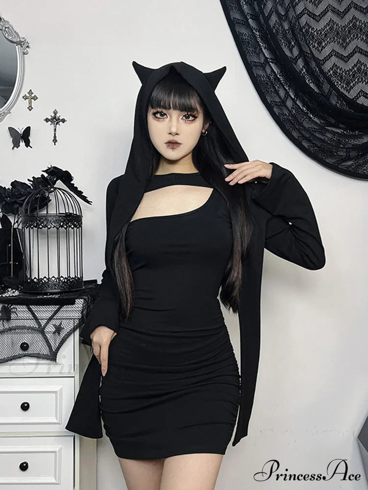 Wasteland Kitten Hollow Out Long Sleeve Folds Bodycon Dress