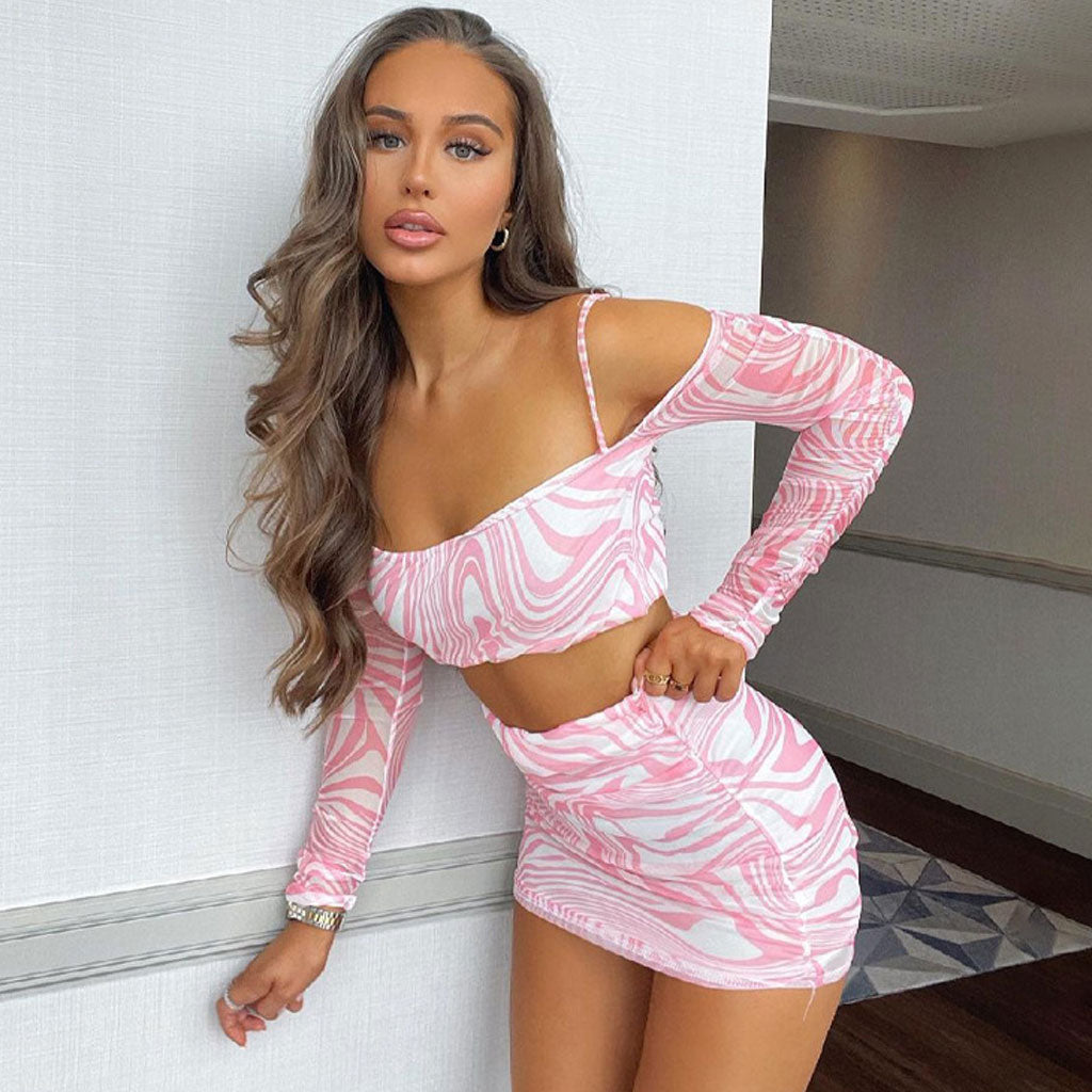 Wavy Tie Dye Cold Shoulder Cami Strap Skirt Matching Set - Pink - Fashionpara