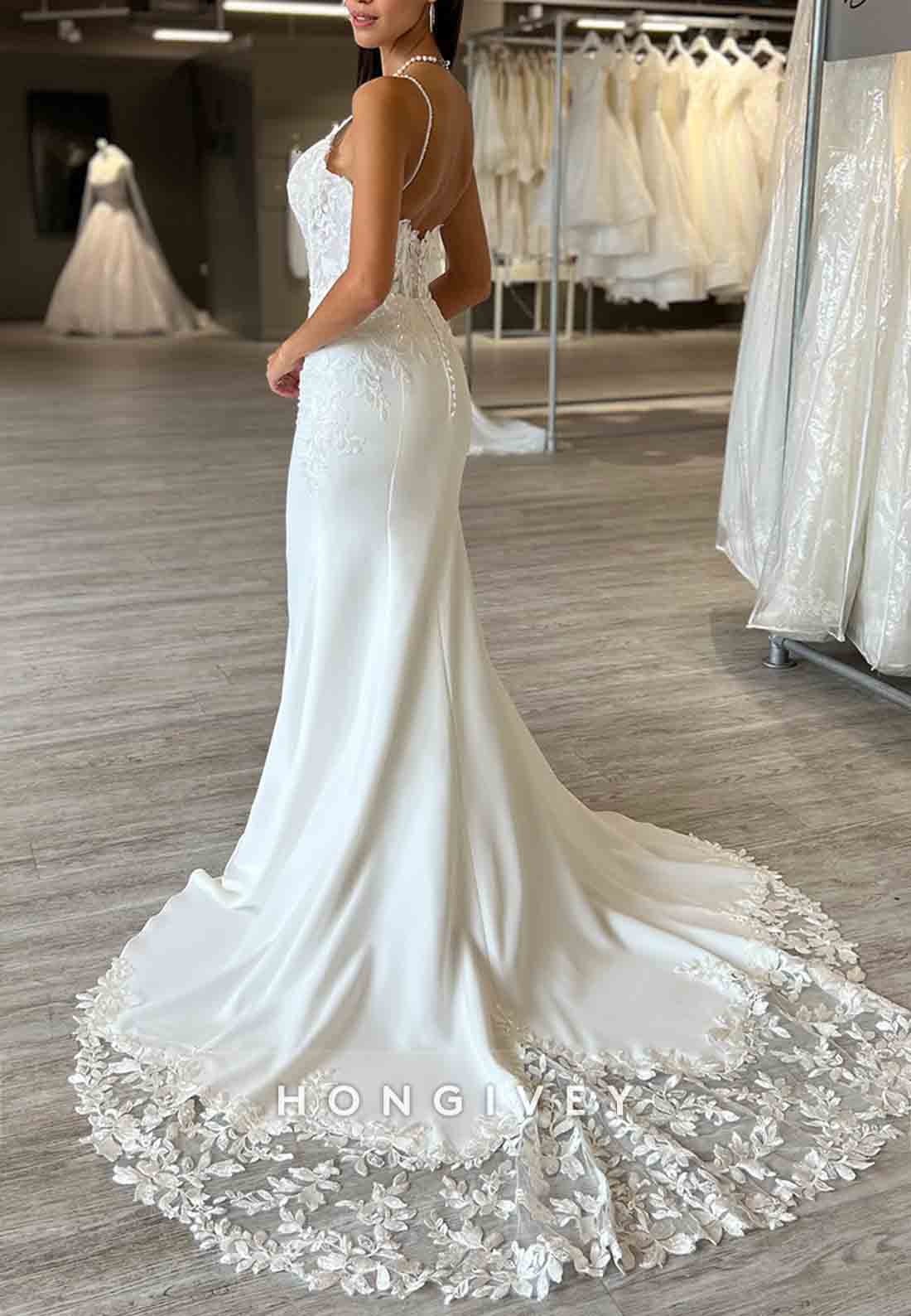 Spaghetti Straps Sleeveless Lace Court Train caid Wedding Dresses