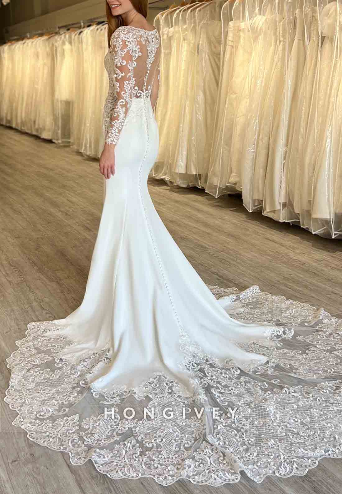 Lace Trumpet V Neck Chapel Train Long Sleeve Wedding Dresses