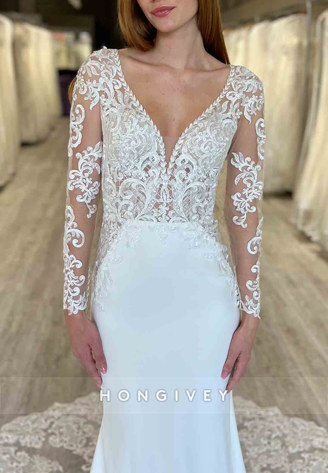 Lace Trumpet V Neck Chapel Train Long Sleeve Wedding Dresses
