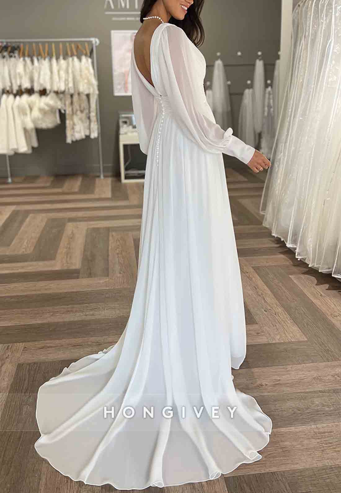 Low V-Neck Cap Straps With Side Slit Pleated V Back Wedding Dresses