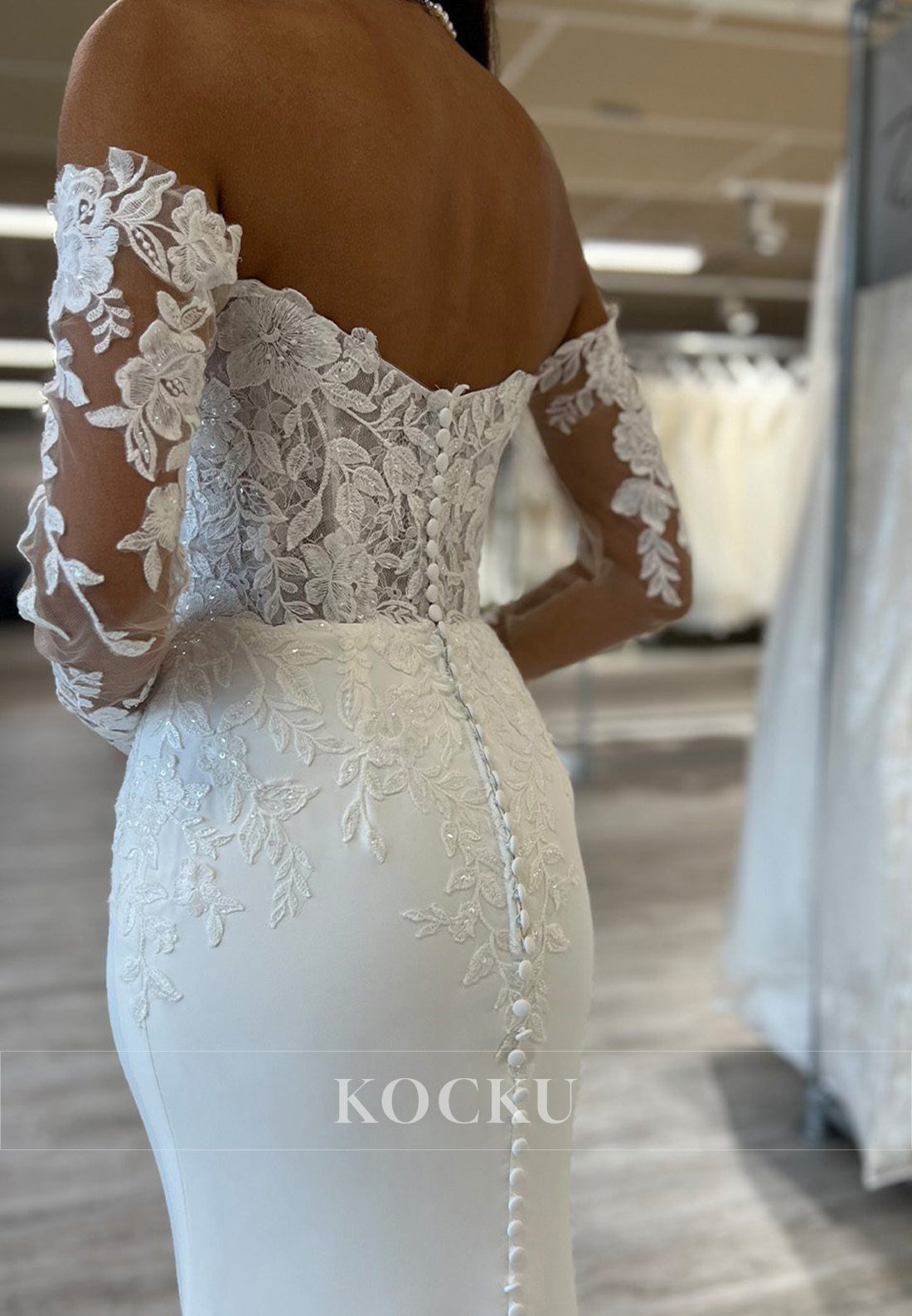 Off - Shoulder Sheer Lace Sleeve Mermaid Wedding Dress with Train