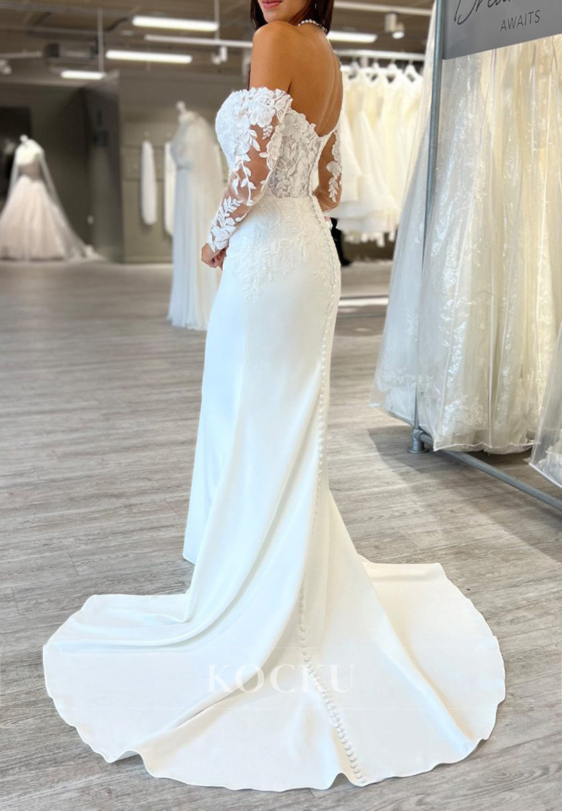 Off - Shoulder Sheer Lace Sleeve Mermaid Wedding Dress with Train
