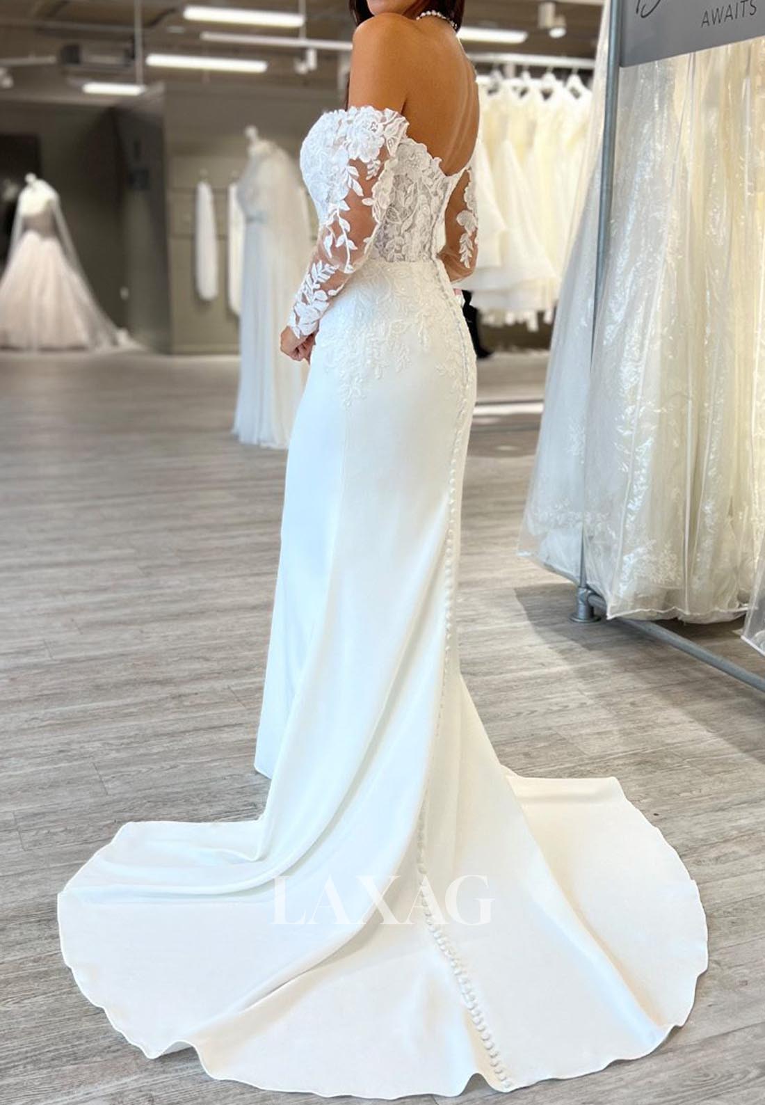Sweetheart Off-Shoulder Applique Pleated Bride Gowns Long-Sleeves Satin Mermaid Wedding Dress