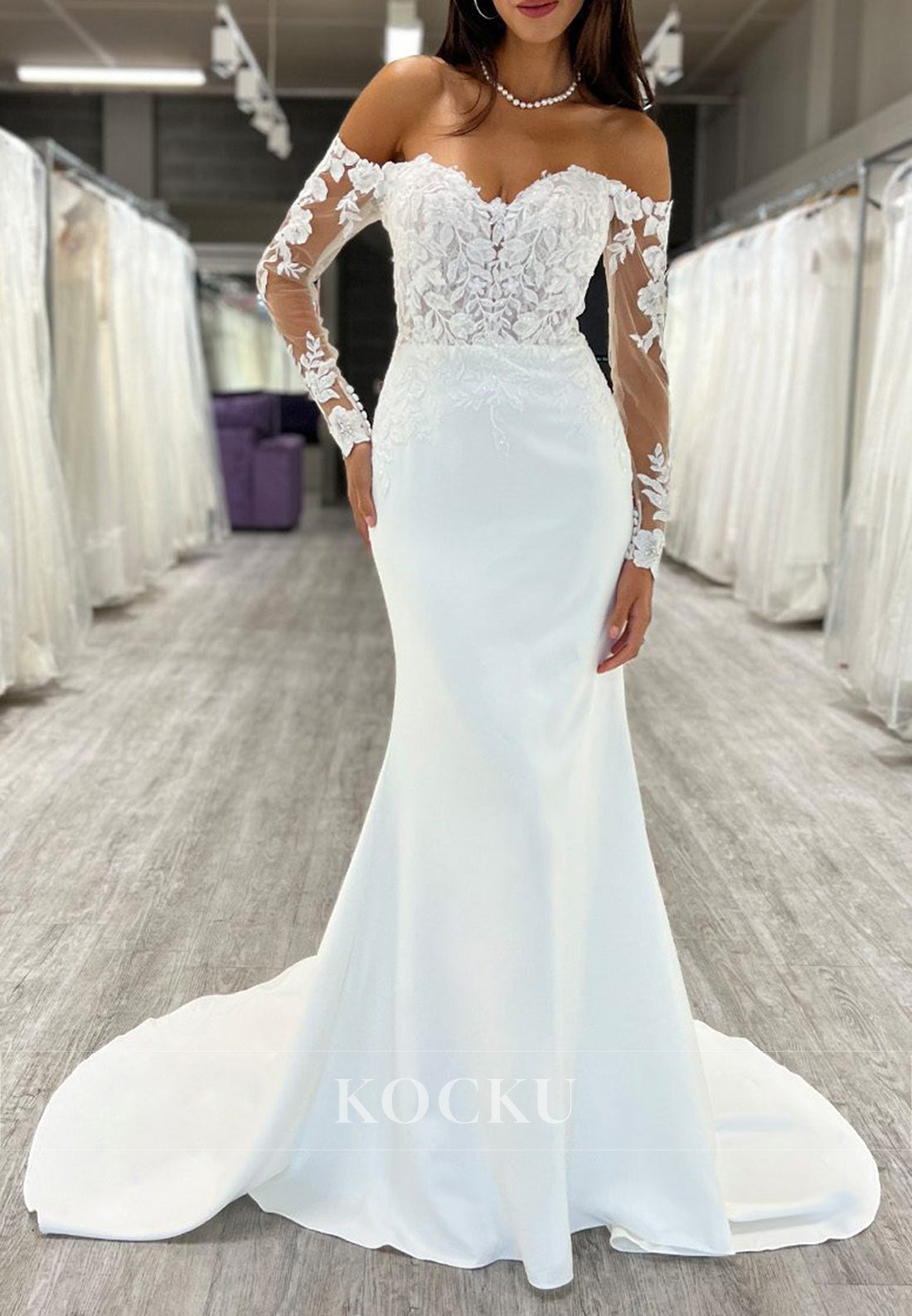 Off - Shoulder Sheer Lace Sleeve Mermaid Wedding Dress with Train
