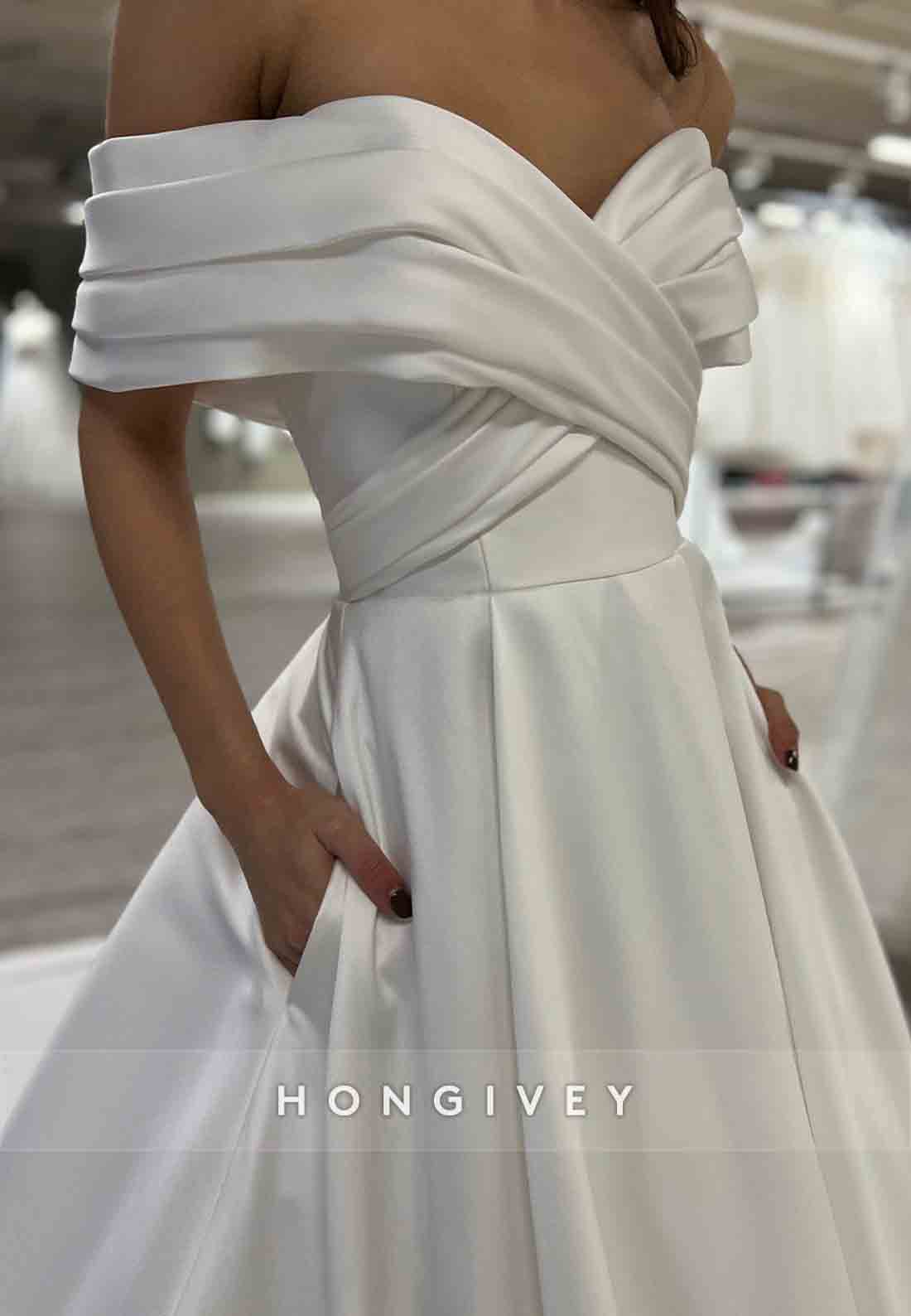 Off the Shoulder A-line Chapel Train Covered Button Pleated Wedding Dresses