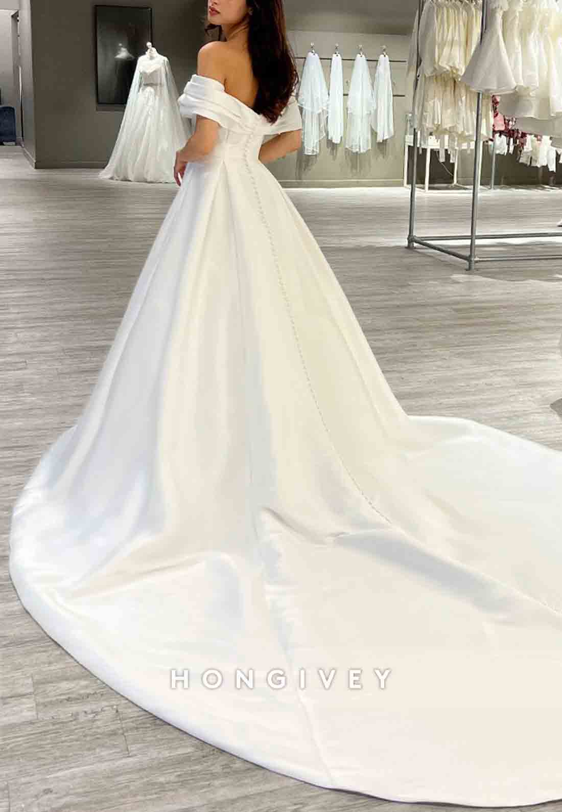 Off the Shoulder A-line Chapel Train Covered Button Pleated Wedding Dresses