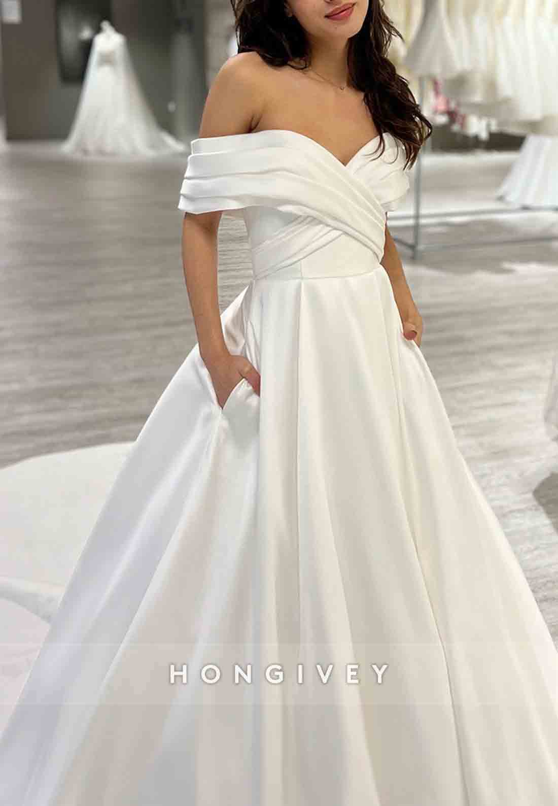 Off the Shoulder A-line Chapel Train Covered Button Pleated Wedding Dresses