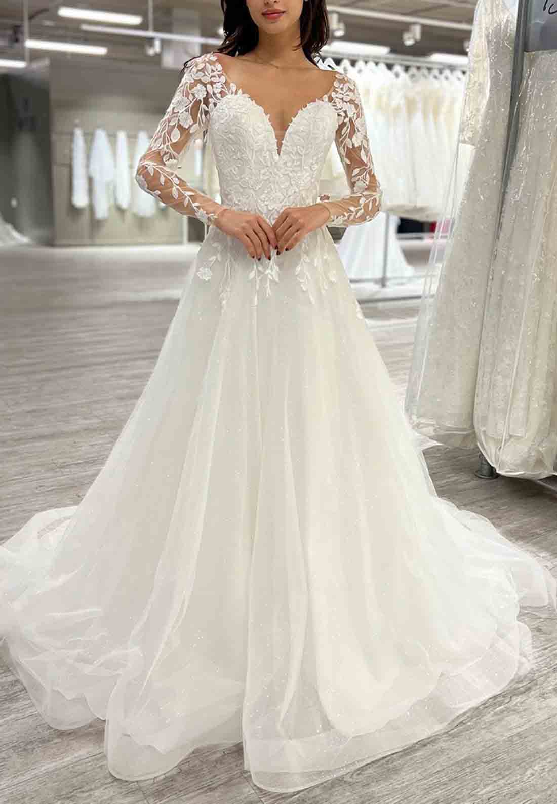 Long Sleeves Lace Tulle A-Line V-Neck Sweep Train Boho Wedding Dresses