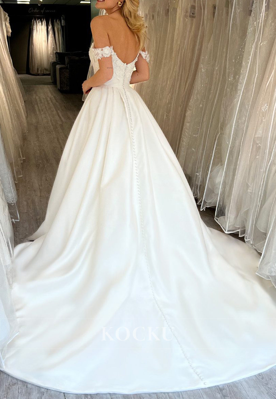 Off - Shoulder Satin Ball Gown Wedding Dress with Floral Appliqués