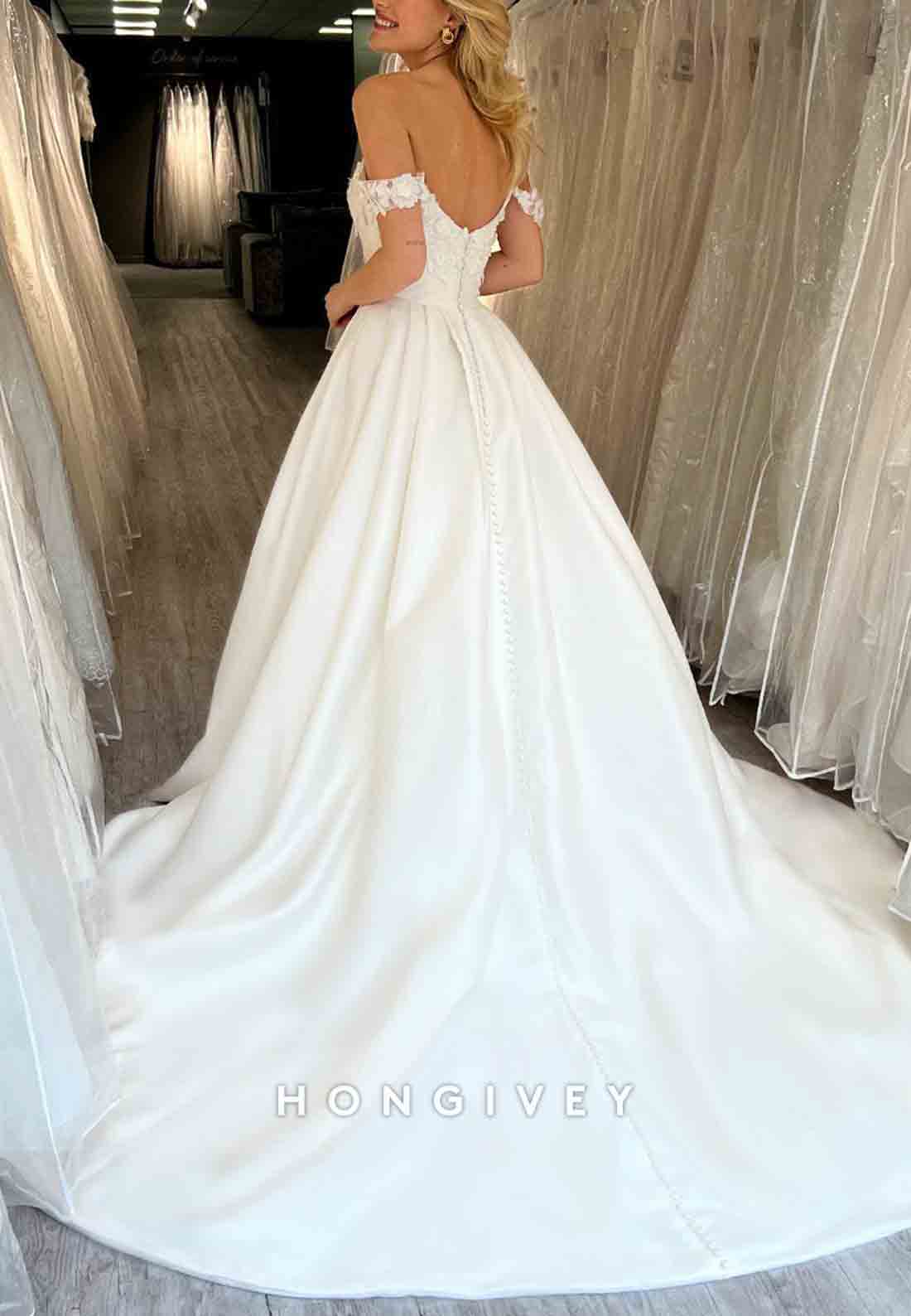 Off the Shoulder A-line Low Back Pleated Satin Sweetheart Flowers Wedding Dresses