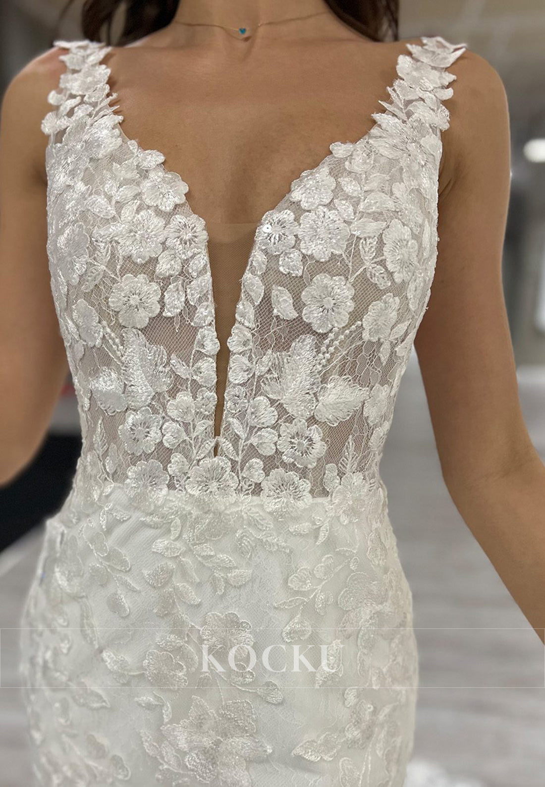 Plunge V - Neck Backless Floral Lace Mermaid Wedding Dress with Train