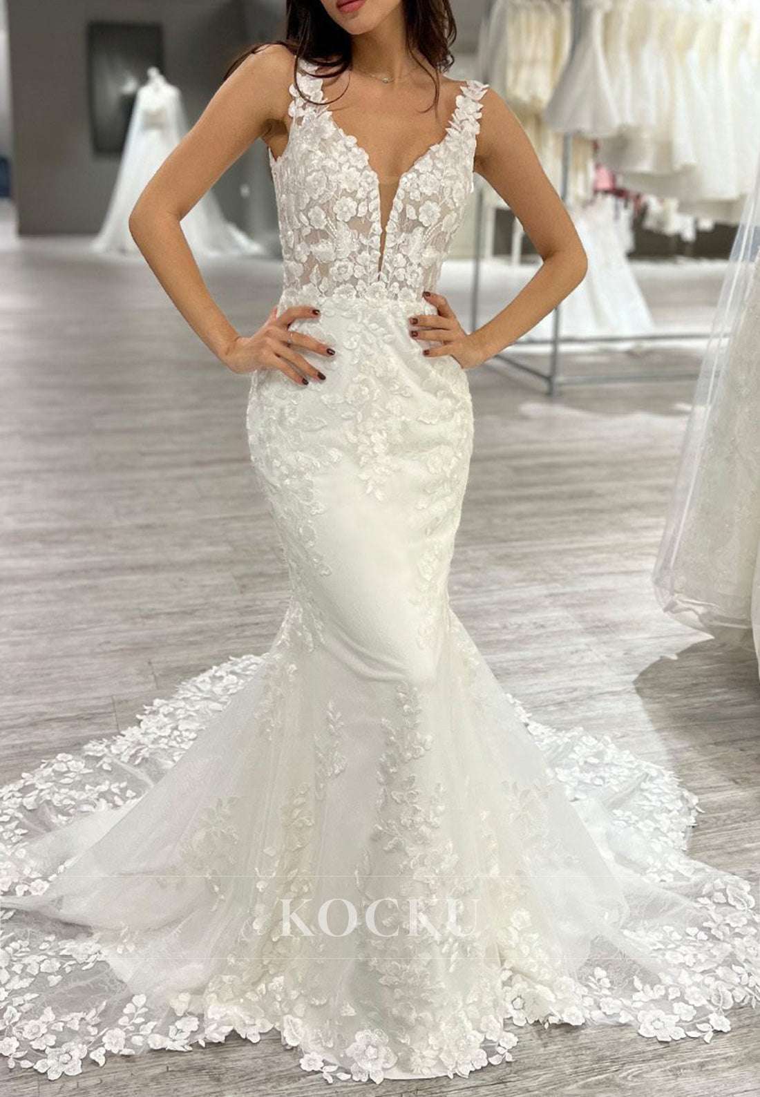 Plunge V - Neck Backless Floral Lace Mermaid Wedding Dress with Train