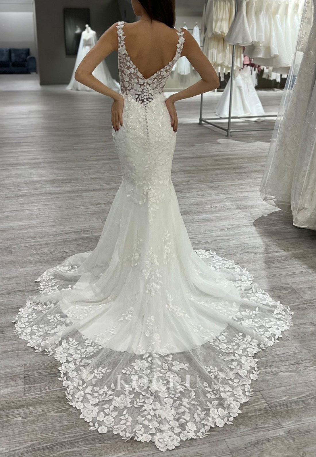 Plunge V - Neck Backless Floral Lace Mermaid Wedding Dress with Train
